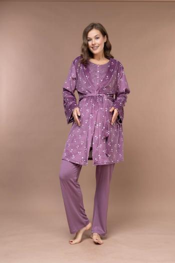 RİMEL  Kadife Sabahlıklı %100 Pamuk Lohusa Pijama Takımı 628 